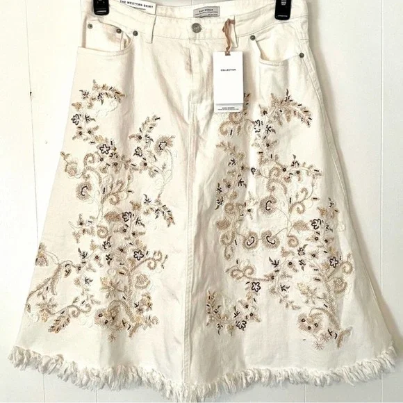 - Zara the western skirt white denim floral bead design fringe hem NEW w… - Picture 3 of 10